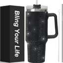 40oz Rhinestone Bling Tumbler with Handle and 2 Straw,Glitter Travel Mug with Lid,Rhinestone Water Bottle,Diamond Vacuum Insulated Stainless Steel Cup for Girls Women