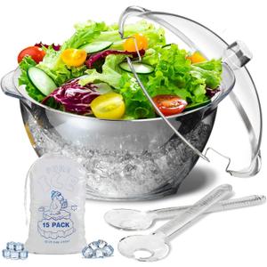 LIMOEASY Iced Salad Bowl, 4.5 Qt Large Chilled Serving Bowl with Lid for Parties, Ice Bowls to Keep Veggie, Fruit, Potato, Pasta Cold, Unique Gift for Women