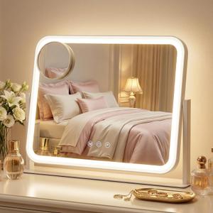Vanity Mirror with LED Lights, 16.4x12.2 Inch Makeup Mirror, 3-Color Dimmable Touch Screen, 5X Magnification, 360 Rotation, Large Tabletop Mirror for Bedroom Vanity
