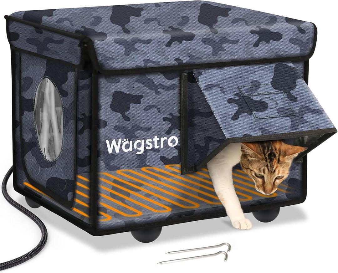 Heated Cat House for Outside, Waterproof Awning & Escape Door Heated Cat Houses for Indoor/Outdoor Cats in Winter, Elevated & Insulated Outdoor Cat Shelter for Feral Cat (Black Camo, 16.5"x12.6"x12.6")