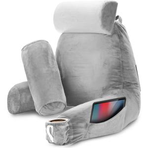 Nestl Reading Pillow with Shredded Memory Foam Includes 2 Neck and Lumber Support Pillows, Designed for Sitting Up in Bed and Couch, Back and Arms Adjustable Support for Adult & Teens, Light Grey, Large 22"