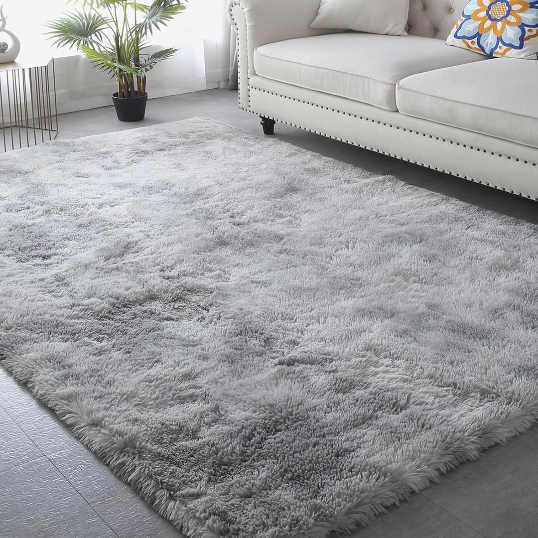 Living Room Area Rug 8x10 - Grey Plush Shag Rugs for Living Room Bedroom - Large Modern Soft Indoor Non-Slip Shaggy Floor Carpet,Tie-Dyed Light Gray