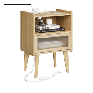 Nightstand with Charging Station, Bedside Tables with Glass Decorative Door, Natural End Table, Side Table with 2 Tiers Storage Space for Bedroom Living Room, Natural