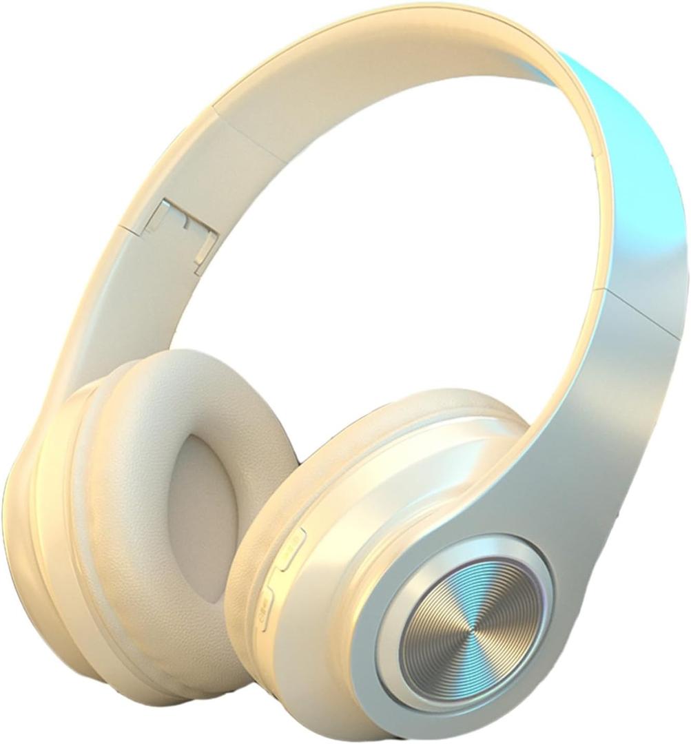 Generic Bluetooth 5.1 Headphones Wireless Bluetooth Headset Bluetooth Headphones Over Ear Foldable Lightweight Headset Wireless Headphones with Microphone for Travel Work Sports, White