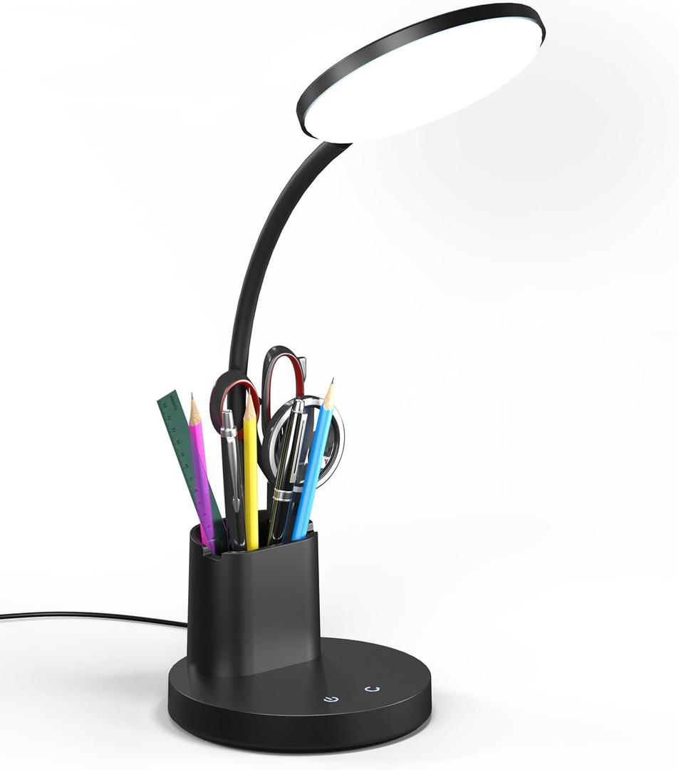 Desk Lamp, LED Desk Lamp for Home Office, Touch Table Lamp with 3 Color Modes 360 Adjustable Arm, Dimmable Desk Light with Pen Phone Holder, Black
