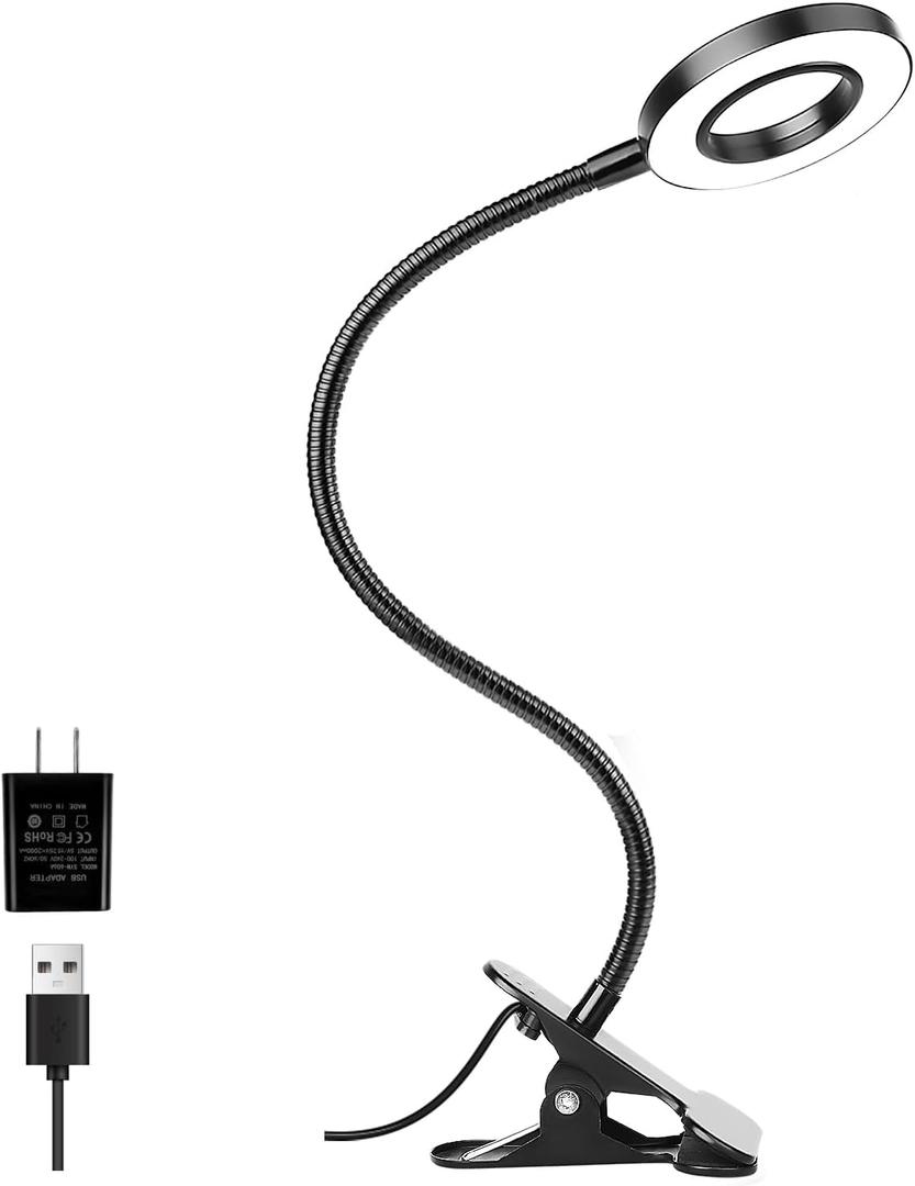 Woputne Desk Clip on Lamp for Reading Home Office, with 5V 2A Adapter, 10 Dimmable Brightness 3 Modes, Clamp Reading Light for Bed Headboard, Craft (Black)
