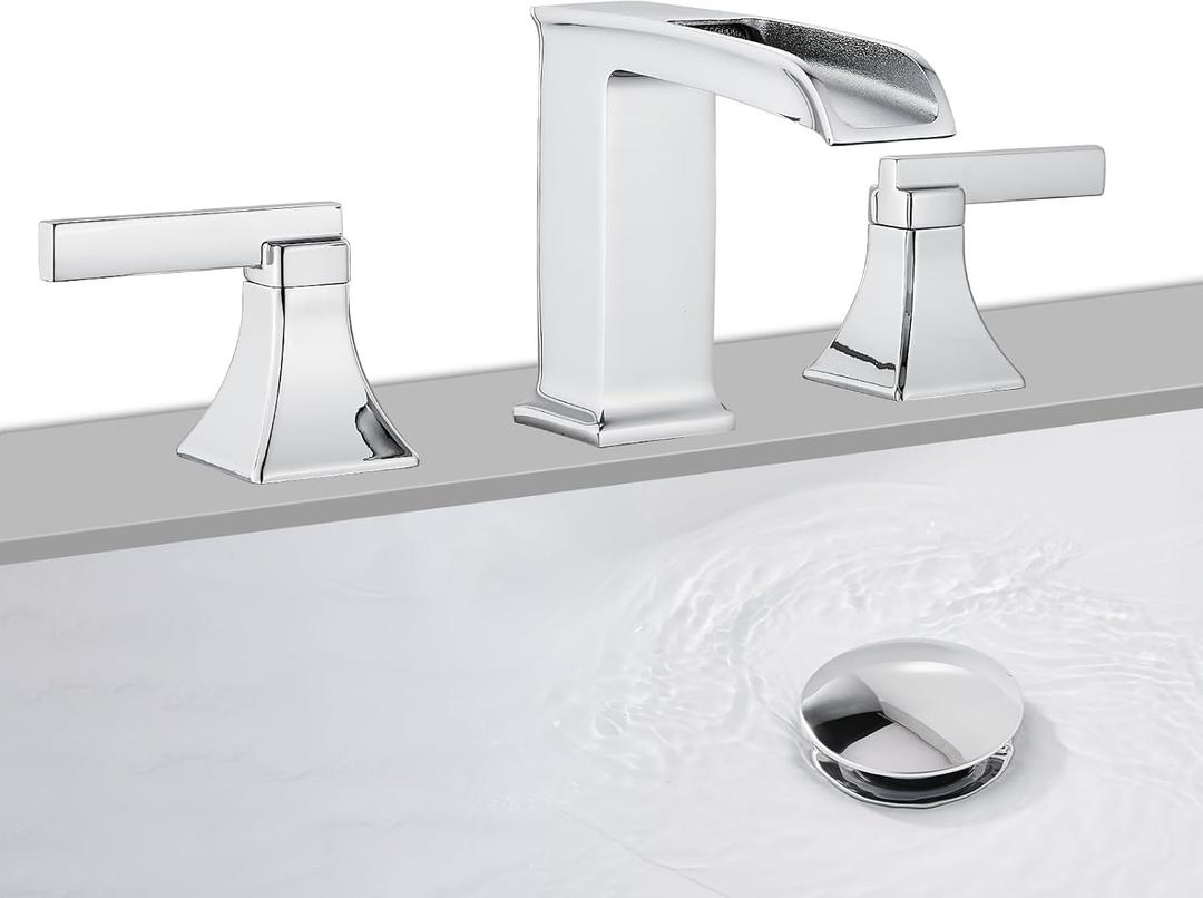 Chrome Bathroom Sink Faucet,Sanliv 3-Piece Widespread Bathroom Faucets for 3-Hole Sinks 4-8 inch,2-Handle Waterfall Vanity Faucet with Drain Assembly,Polished Chrome