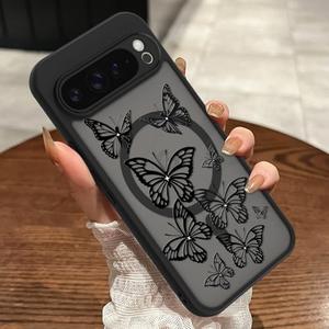 2 PCS MOWIME Magnetic for Google Pixel 9 Pro XL Case, [Compatible with MagSafe] Cute Butterfly Pattern Women Girls Shockproof Translucent Matte Protective Case for Pixel 9 Pro XL, Black