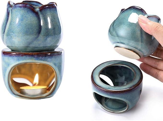 RUITASA Fragrance Essential Oil Burner Tealight, 2PCS Tea Light Candle Wax Warmer, Lotus Candle Warmer Candle Tealight for Home Bedroom Decor Christmas Housewarming Gift(Blue)