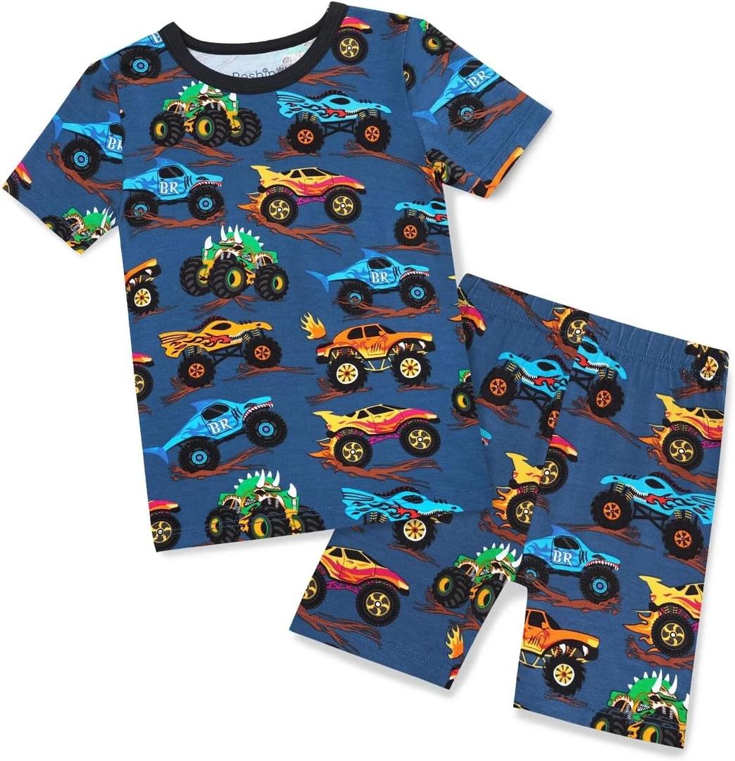 babee Reshinee Bamboo Viscose Toddler Pajamas Boys Girls Kids Baby Cool Short Summer Monster Truck Pjs Set 6-7Y Two Piece