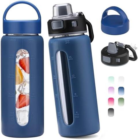 Kodrine 20oz Glass Water Bottle with Straw-2 Lids for Easy Carry with Handle, Silicone Sleeve & Time Marker, Reusable Glass Drinking Bottle for Home,Office,Outdoors, Cupholder Friendly-Blue