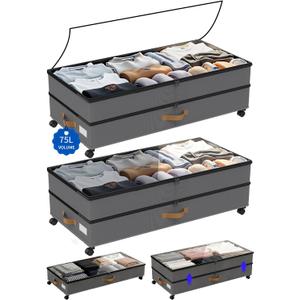 Under Bed Storage with Wheels 2-Pack, 75L XXL Under the Bed Storage Containers Large, 12" Tall Adjustable Storage for Under bed with Lids, Rolling for Clothes, Shoes, Blankets (Grey)
