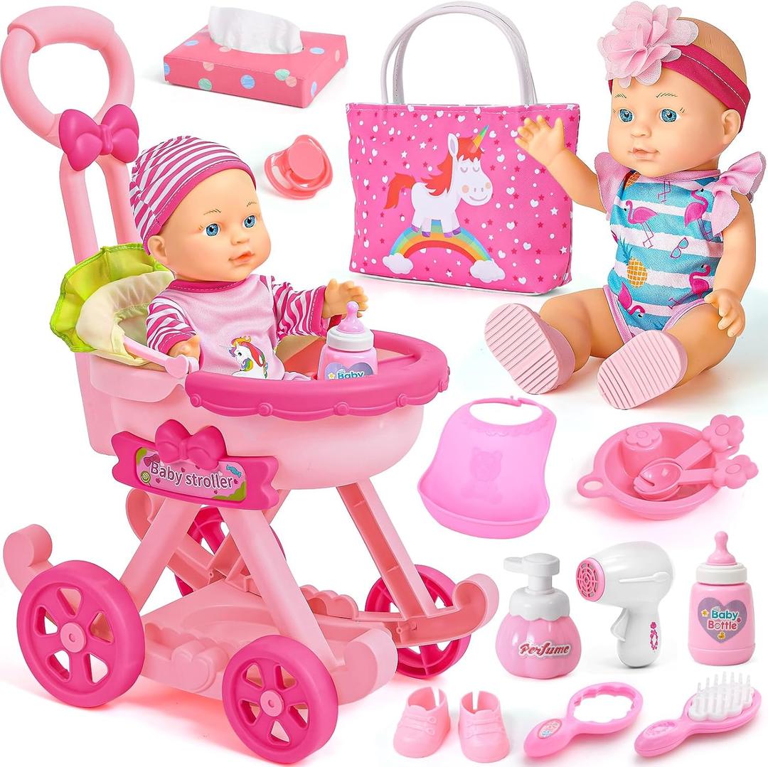 Golray Girl Baby Doll Stroller Toy Set with 12" Baby Doll & 17pcs Baby Doll Accessories Handbag/Clothes/Sunshade/Feeding Nursery Pretend Play Toy Birthday Gift for Toddler Girls 3-7  Years Old
