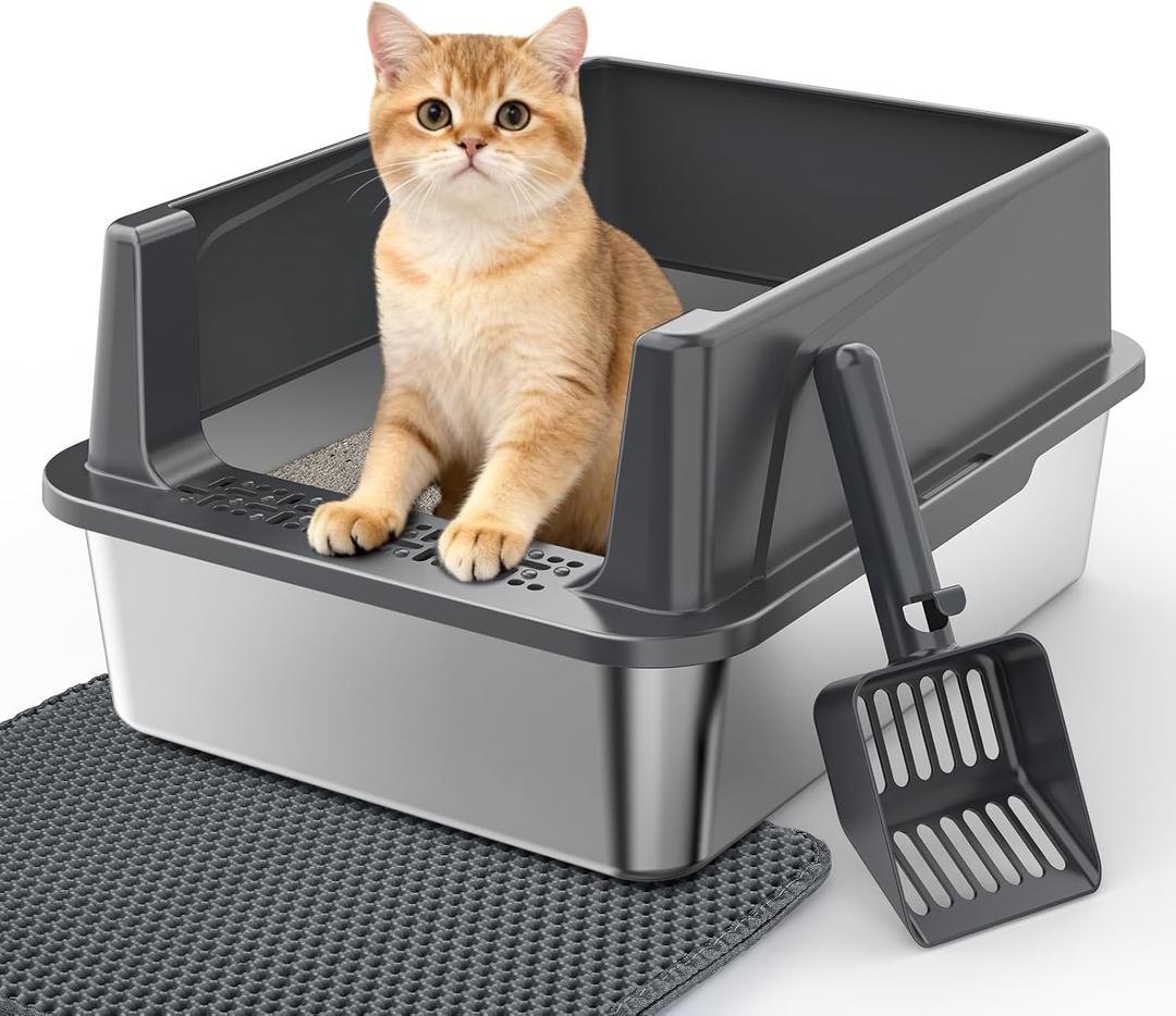 Stainless Steel Cat Litter Box with Lid, High-Sided Metal Litter Pan for Small Cats, Kitty Litter Box, Non-Stick & Odor-Resistant, Anti-Urine Leakage, Easy to Clean, Scoop Included (Dark Grey)