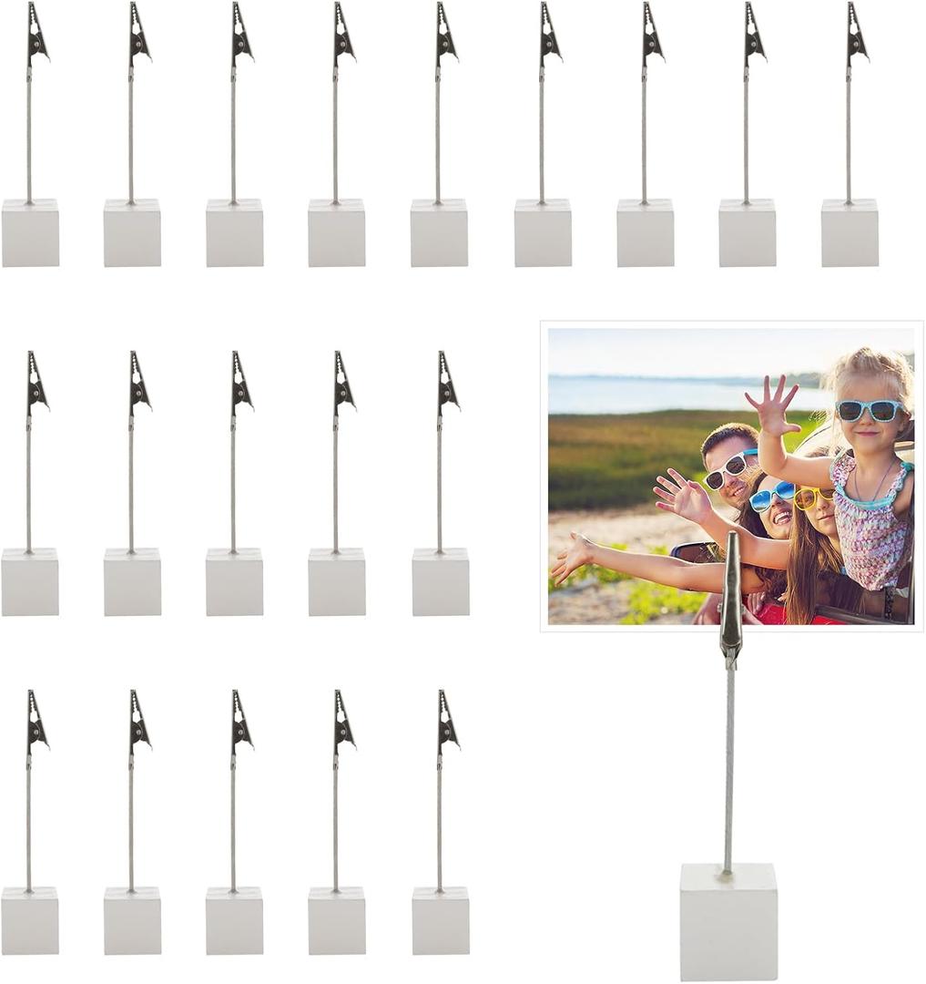WOPPLXY 30 Pcs Place Card Holder Cube Photo Clips Holder with Alligator Clip, Table Number Holders Cube Base Memo Clips Holders for Wedding, Anniversary Party, Birthday Party, Restaurant - 4.7x1 Inch