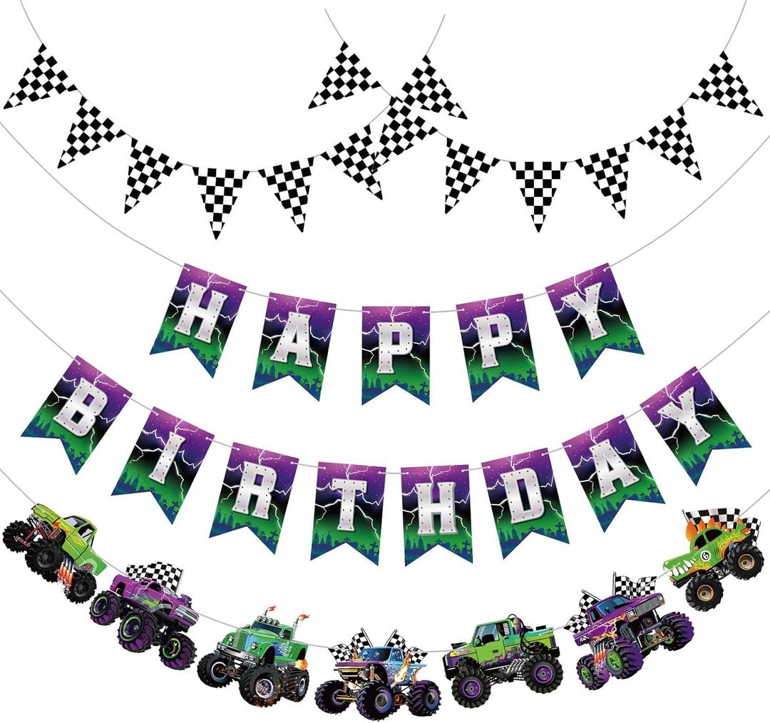 Pasimy 4 Pcs Monster Truck Birthday Banner Cars Truck Garland Black and White Checkered Flags Pennants Green Purple Happy Birthday Bunting Racing Car Theme Party Decorations Supplies