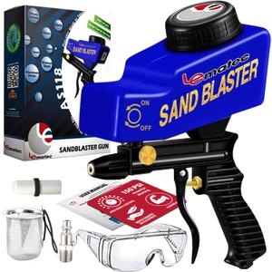 LE LEMATEC Sand Blaster Gun Kit for Air Compressor, Portable Abrasive Media Blaster for Cleaning, Paint & Rust Removal, Works with Aluminum, Sand, Walnut, & Soda, Ideal for Metal & Wood, AS118 Blue