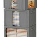 Clothes Storage Bins with Metal Frame, Foldable Clothes Organizers Storage Containers for Clothes, Sheets, Blankets, Pillows and Towels 66L, 3 Pack, Deep Grey
