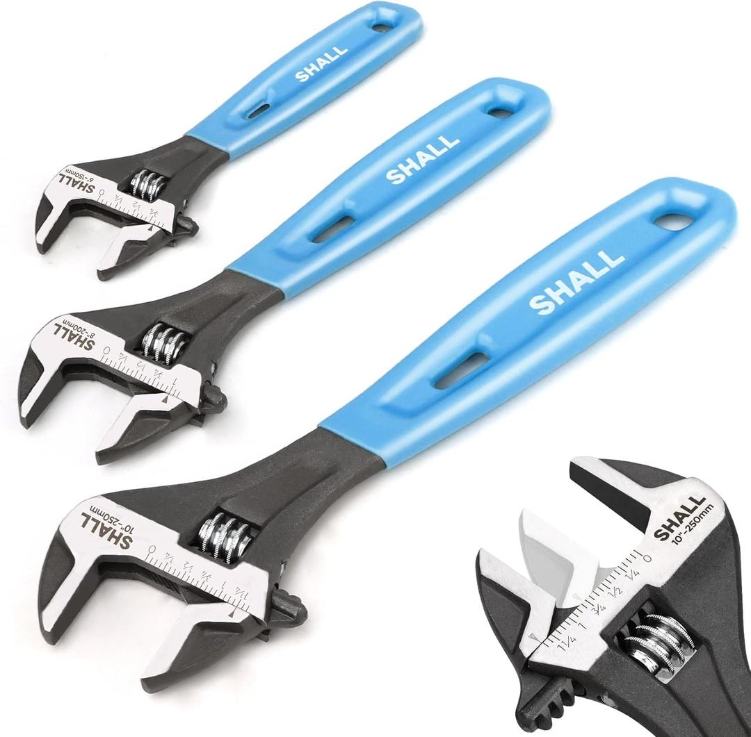SHALL 3-Piece Adjustable Wrench Set, 10/8/6 Inch Cr-V Steel Wrench with Cushion Grip, Wide Jaw Black Oxide Wrench with Laser-etched SAE Scales for Home, Garage, Workshop and DIY (Blue)