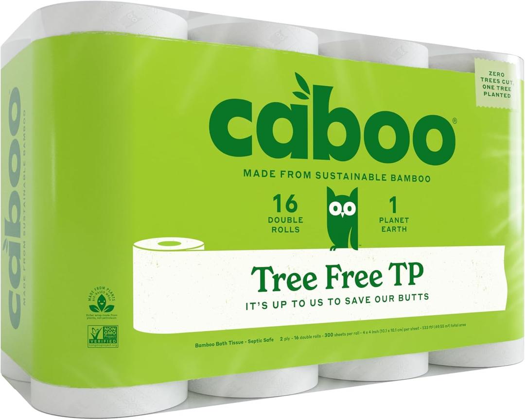 Caboo Tree Free Toilet Paper, Septic Safe Bath Tissue, Soft 2 Ply Sheets, 300 Sheets Per Roll, 16 Double Rolls