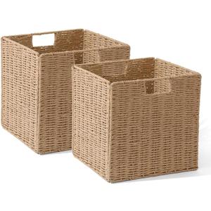 12x12x12in Wicker Storage Baskets for Shelves, Set of 2 Hand-Woven Paper Rope Wicker Basket,Foldable Cube Storage Bins, Natural Color Storage Cubes, Square Baskets for Organizing Decor