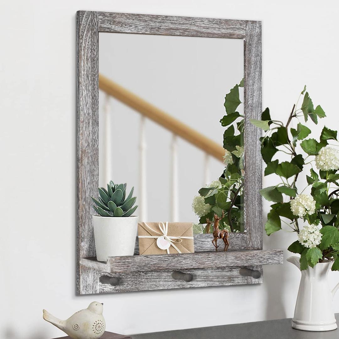 Rustic Wall Mirror with Shelf Farmhouse Mirrors Round Hanging Stonebriar Wall Mirrors for Bathroom, Vanity, Bedroom, Entryway, Living Room Front Door Wood Frame Mirror 16.5x23in Rustic Brown