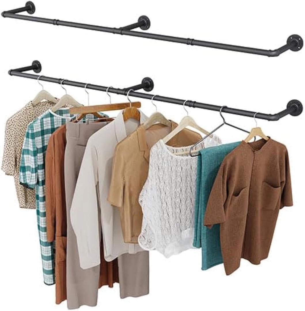 OROPY Clothes Rack, 65.7" Industrial Pipe Clothing Rack 2 Pack for Clothes, Wall Mounted Heavy Duty Space Saving Garment Rack for Closet Storage, Black, 3 Base