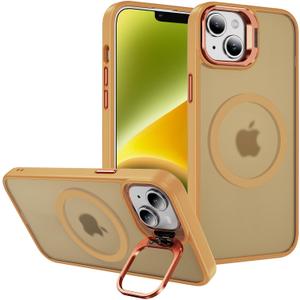 DEERLAMN for iPhone 14/iPhone 13 Case with Stand,[Compatible with Magsafe][Built-in Camera Bracket] Shockproof Drop Protection Slim Translucent Matte Phone Cover for Women Men-Orange