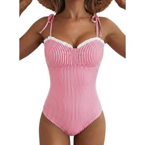Herseas Womens Striped One Piece Swimsuits Tie Shoulder High Cut Tummy Control Bathing Suit 2026 Summer Beach Swimwear (Medium)