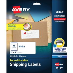Avery Repositionable Printable Shipping Labels with Sure Feed, 2" x 4", White, 250 Blank Mailing Labels (58163)