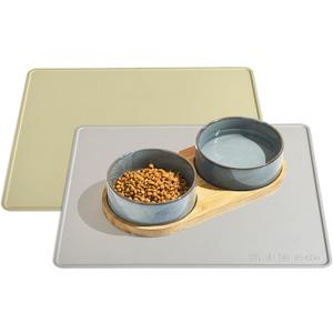 Dog Water Mat 2-Pack 2016in - Silicone Dog Mats for Food and Water, Non-Slip Pet Feeding Mat for Floors, Waterproof Cat Bowl Mats to Prevent Spills - Silver Gray & Cream