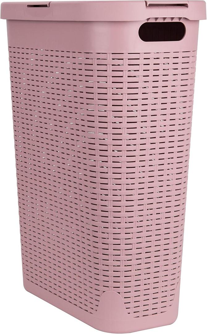 Mind Reader Slim Laundry Hamper with Lid, 40L Clothes Basket, Narrow Tapered Design with Ventilated Cutout Pattern, Plastic, Pink (Single)