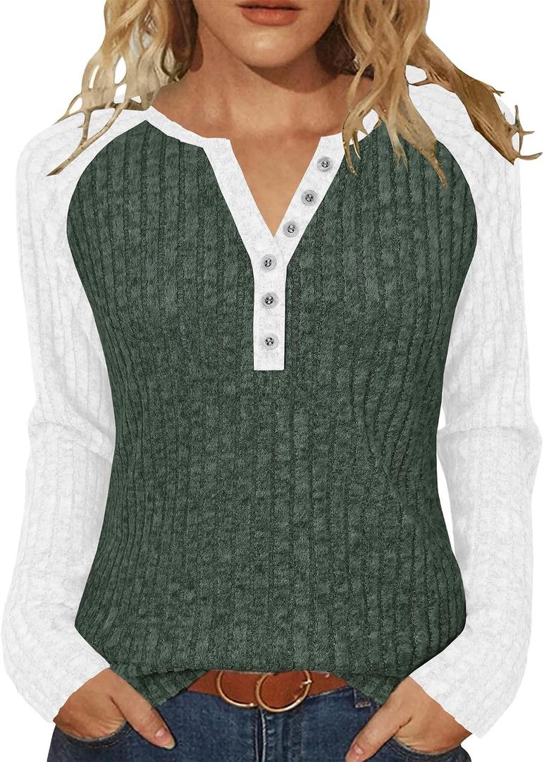 JomeDesign Womens Sweaters V Neck Long Sleeve Shirts Color Block Loose Casual Fall Tops 2025 Trendy Outfits S-2XL (Green, M)