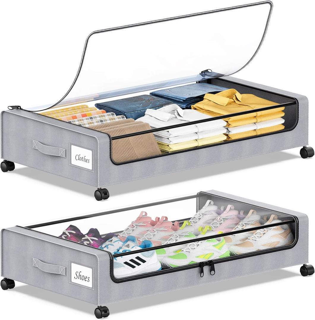 Yeenhoopy Under Bed Storage with Wheels, 2 Pack Under bed Storage Containers with Clear Lids & Zippers, Under Bed Shoe Storage Organizer, Rolling Underbed Storage for Clothes, Shoes, Blankets (Grey)