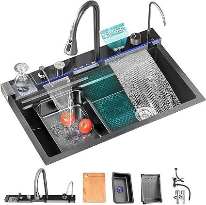 Digital Display Embossed Stainless Steel Sink Nano Black Kitchen Single Bowl Sink With Flying Rain Waterfall, Integrated Workstation, Pull-Out Tap, Drain Ba 31.5inch X18.6inch.Depth 8.6inch,)3 Black-Grey Upgrade