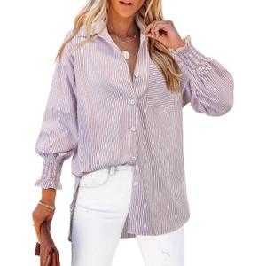 Gleeivy Womens Oversized Button Down Shirts Striped Smocked Cuff Long Sleeve Fall Blouses with Pocket Casual Collar Work Tops (X-Large)