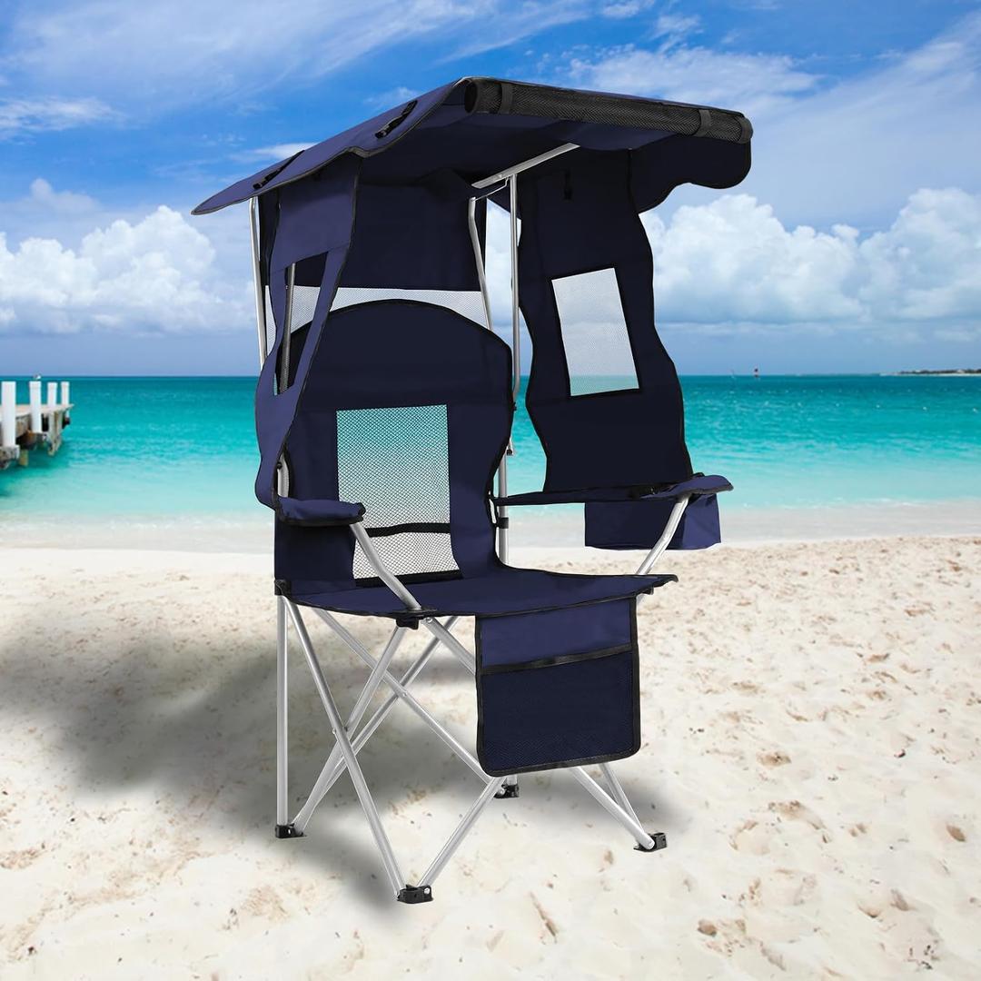 Camping Chairs with Canopy, Portable Quad Lawn Chair for Adults, Folding Recliner Chair with Cup Holder Outdoor Events and Shade- Support 330 LBS
