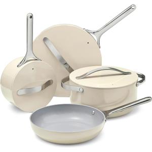 Caraway Nonstick Ceramic Cookware Set (12 Piece) Pots, Pans, Lids and Kitchen Storage - Non Toxic - Oven Safe & Compatible with All Stovetops - Cream