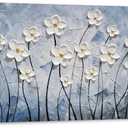 YHSKY ARTS 3D Hand - Painted White Floral Wall Art with Printed Blue Background, Textured Flower Decor for Home, 39.3"L x 19.6"W