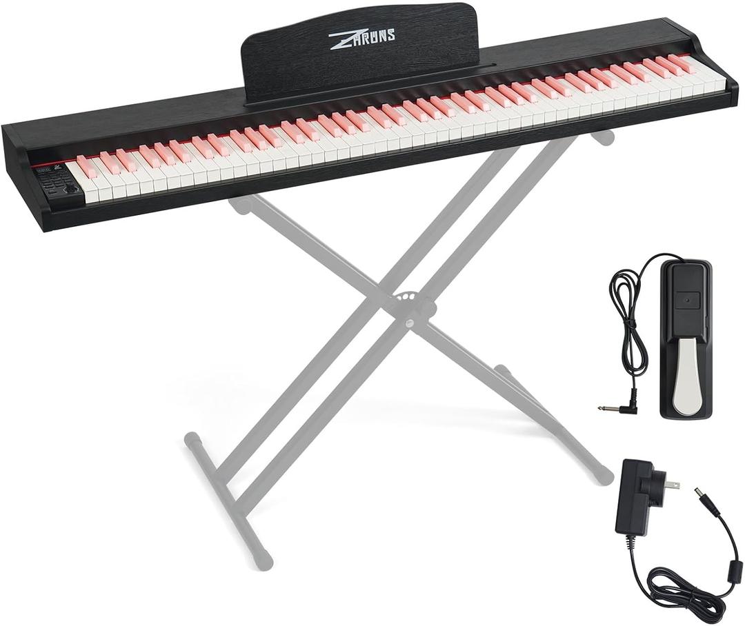 88 Key Weighted Keyboard Piano with Sustain Pedal, Power Adapter & Sheet Music Stand - Home Digital Piano, Black Pink (Keyboard Only), 52 inches x 11.4 inches x 4.7 inches