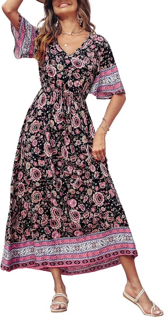 PRETTYGARDEN Women's Casual Summer Boho Floral Print Dress V Neck Short Sleeve High Waist Long Maxi Beach Dresses (S)