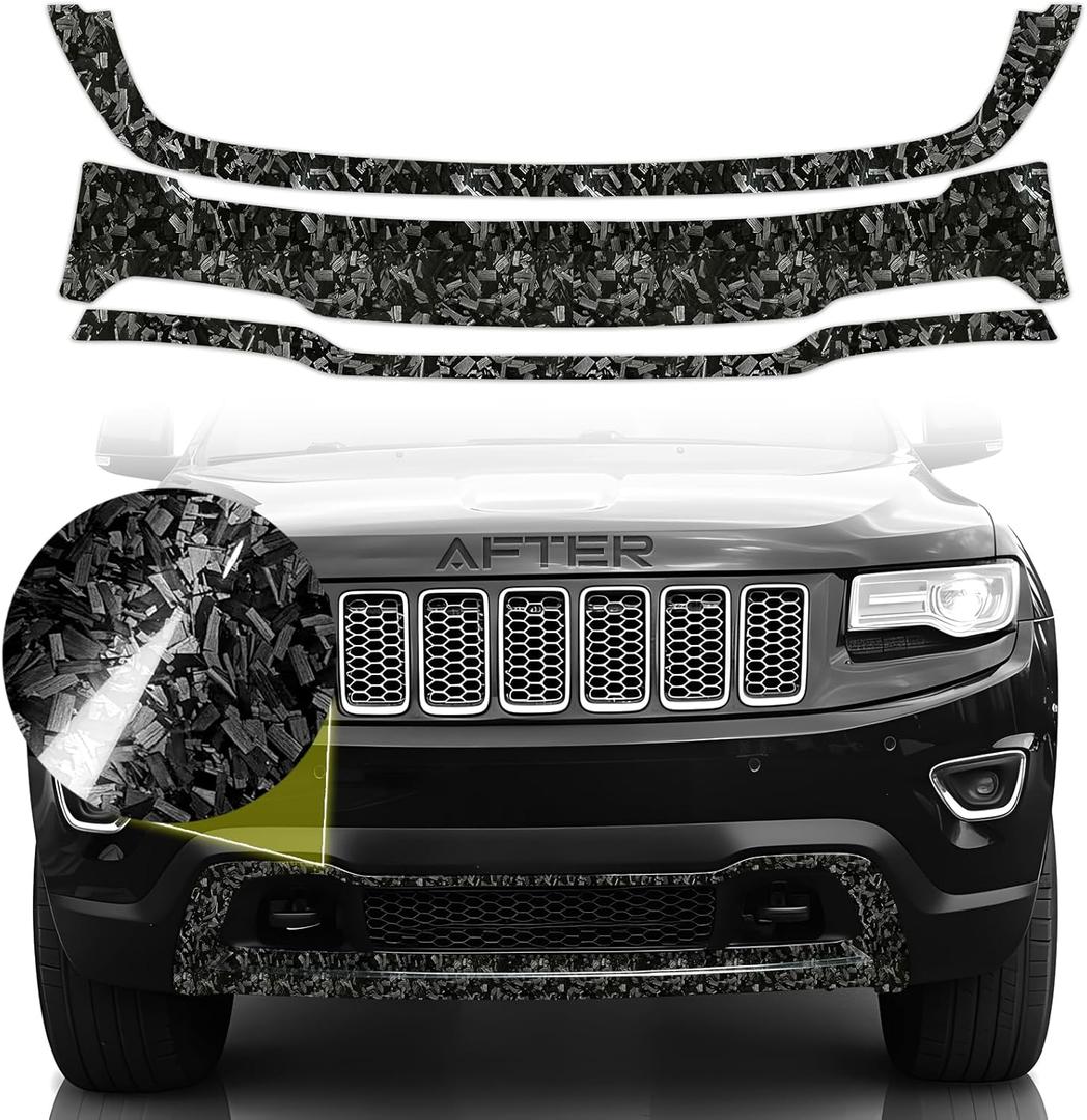 Front Grill Trim Chrome Delete fit for 2014-2021 Jeep Grand Cherokee Accessories with Gloss Black Forged Carbon Fiber Blackout Film Vinyl Wrap Overlay Kits