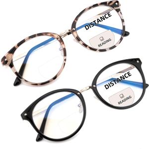 Round Bifocal Progressive Multifocal Reading Glasses for Women Men Fashion Multifocus Readers Anti Blue Light, 2 Pack Bifocal Lenses: Black + Tortoiseshell, 1.75 x