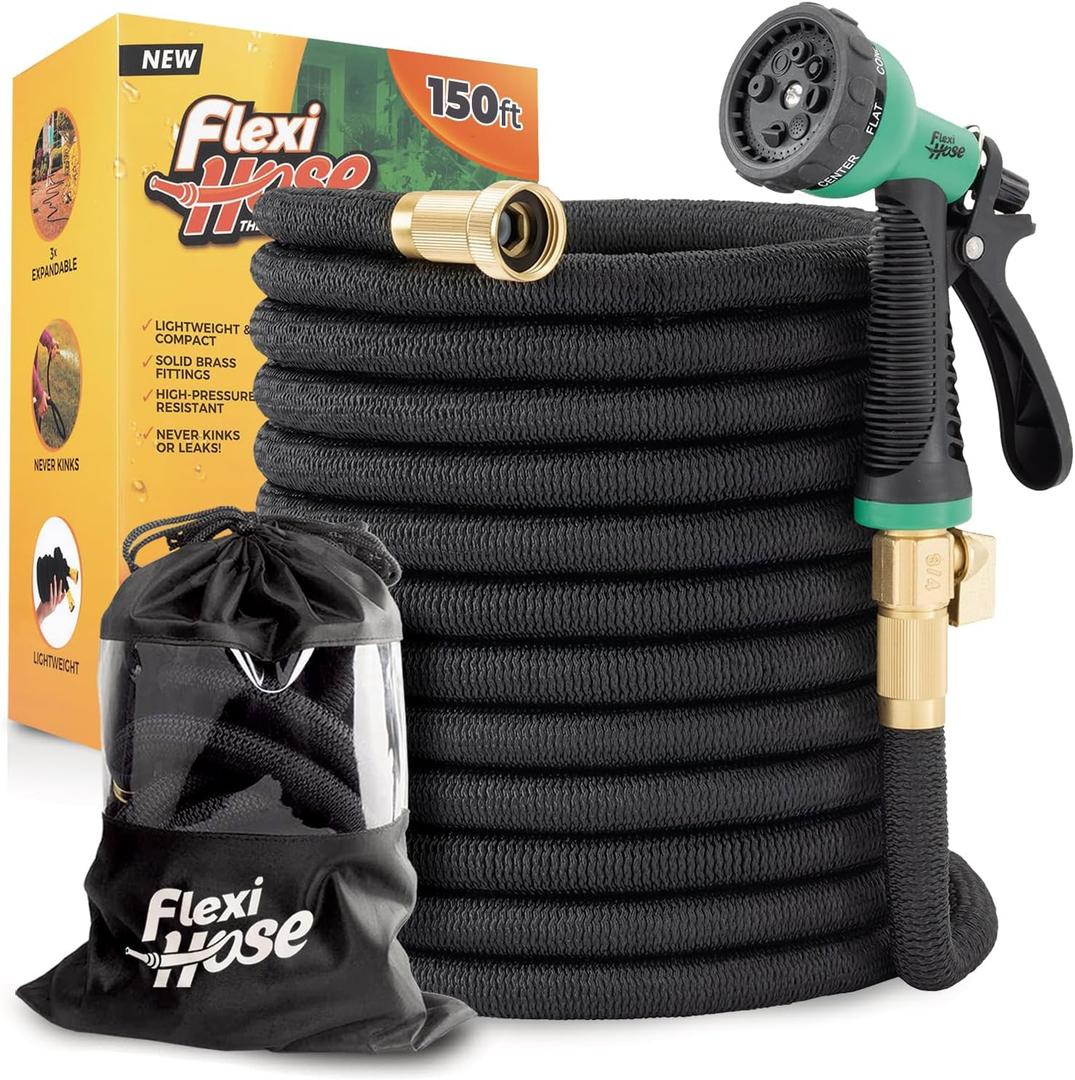 Flexi Hose Plus Expandable Garden Hose with 8 Function Nozzle, 150FT - Lightweight Retractable Garden Hose, Water Hose - No-Kink Flexibility, 3/4 Inch Solid Brass Fittings Includes Hook & Bag
