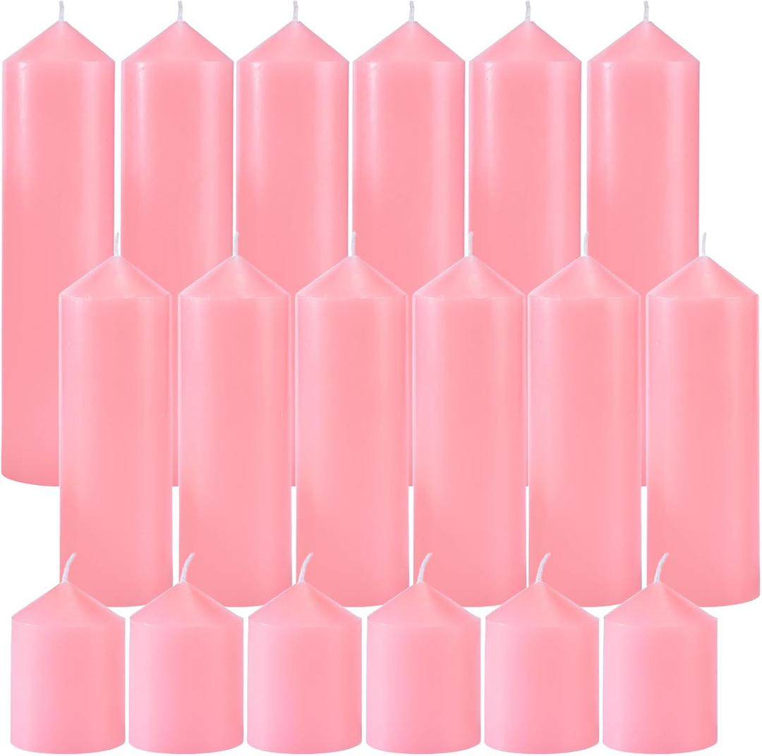 18 Pcs Pink Pillar Candles Bulk SetHurricane Candles3 Different Lengths (6 Each)Dripless Unscented SmokelessGives You a Better Atmosphere When Organizing Wedding or Event Party