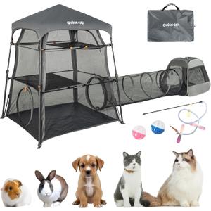 Large Outdoor Cat Enclosure for Indoor and Outdoor, 3 in 1 Cat Tower Tent with Tunnel and Pop Up Cage, Foldable and Portable Catio with Waterproof Floor and 3 Doors