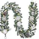 Valery Madelyn 9 Feet Pre-Lit Christmas Garland with Lights for Mantle, Lighted Outdoor Xmas Garland with Silvery White Ball Pinecones for Home Stairs Fireplace Table Centerpiece Indoor Holiday Decor