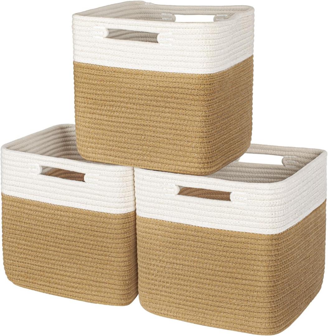 AELS Hand Woven Cotton Baskets for Storage, Cube Storage Bins with Handles, Foldable Collapsible Closet Organizers and Storage, Boho Farmhouse Storage Cubes for Shelves, Beige and Khaki (Pack of 3)