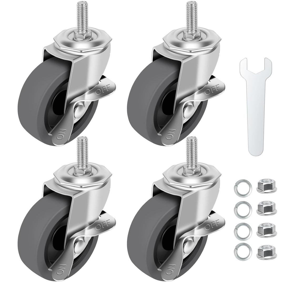 Caster Wheels, 3" Locking Swivel Stem Casters Set of 4, 3/8"-16 x 1 (Screw Diameter 3/8", Length 1") Rubber Casters with 360 Degree No Noise Wheels for Furniture