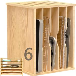 celestite Wooden Tray Dividers for Cabinets, Cookie Sheet Organizer for Cabinet, Baking Sheet Pan Organizer for Kitchen Organizers and Storage (6 Tier 12.4" Wx14.1 Hx16.7 D)